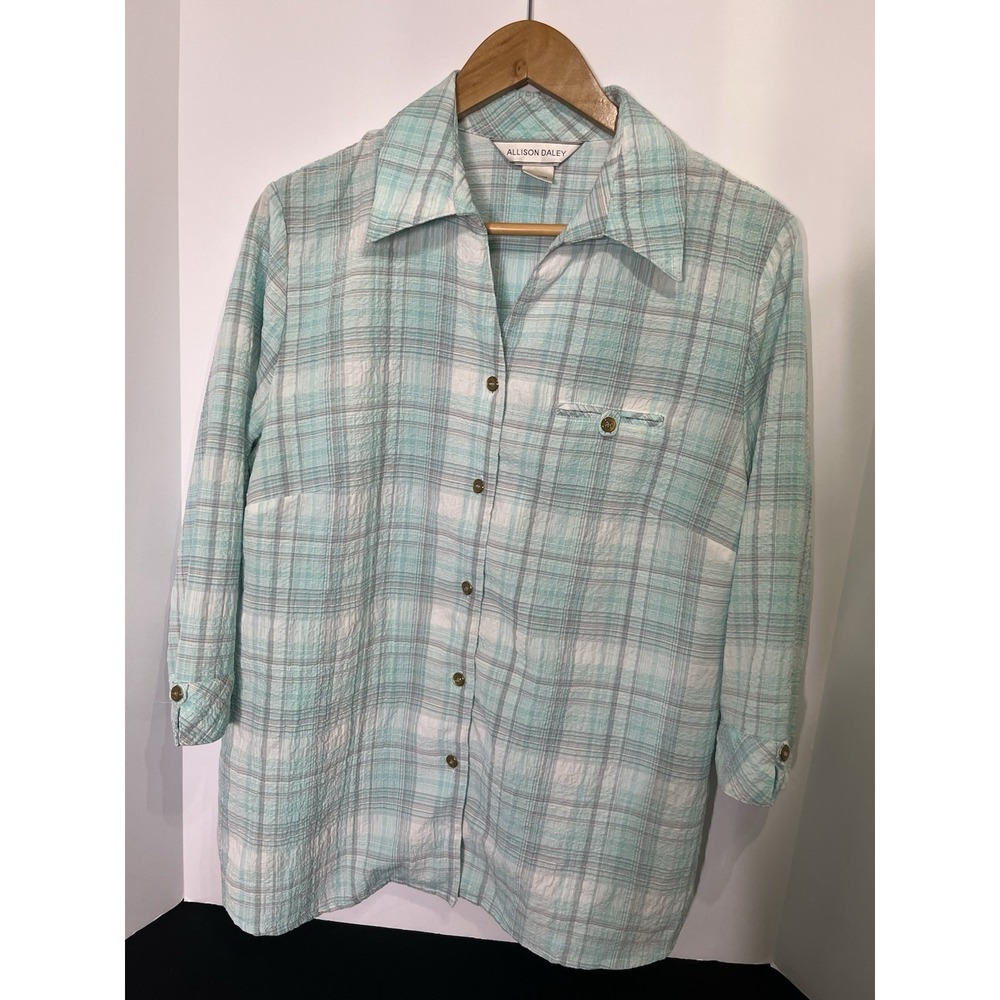 Allison Daley Mint Green Plaid Button Up Blouse 3/4 Sleeve Seersucker Women's 12